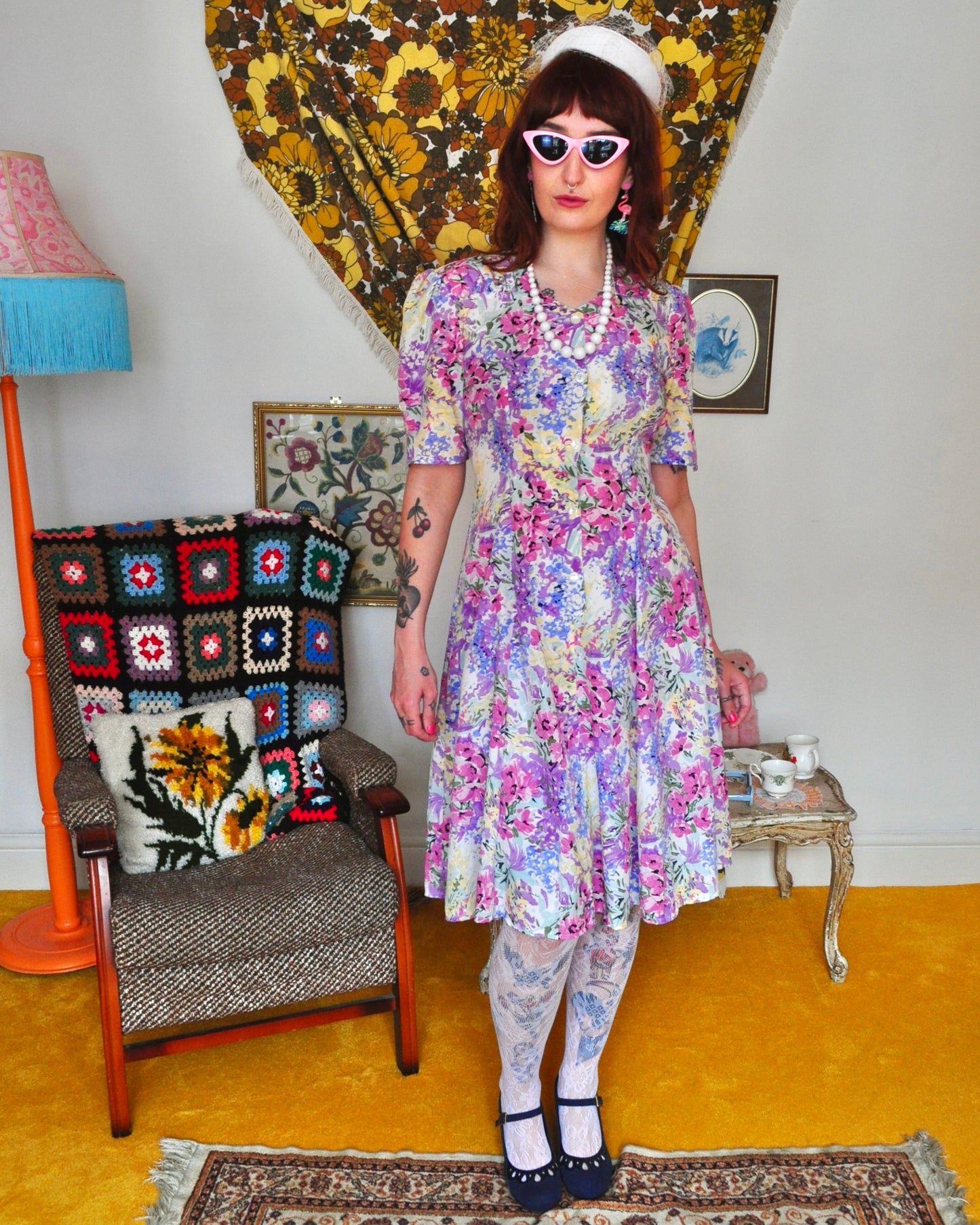Vintage 80s Pastel Floral Midi Dress