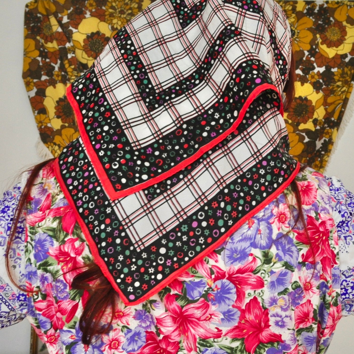 Vintage 70s Red Black and White Printed Scarf