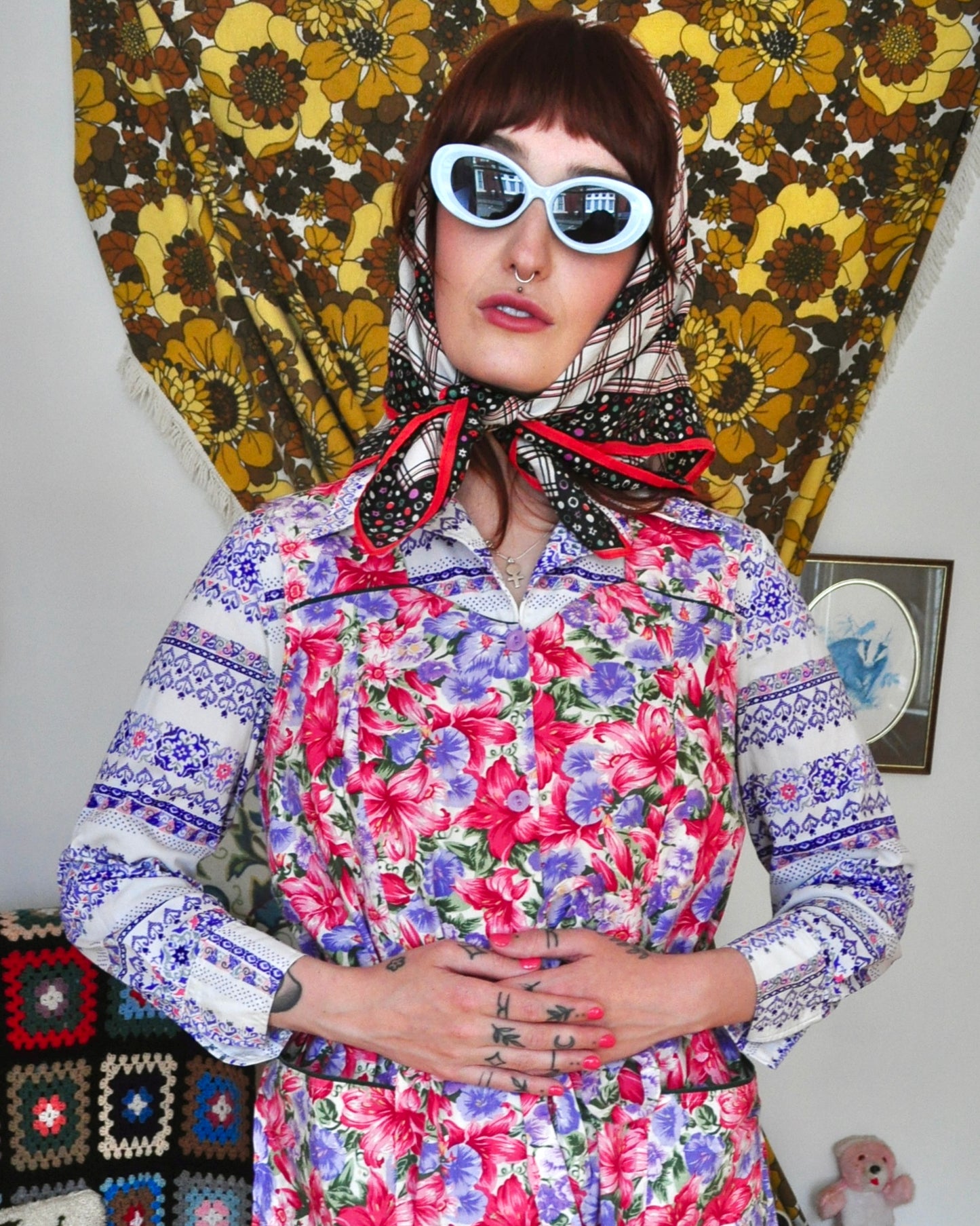 Vintage 70s Red Black and White Printed Scarf