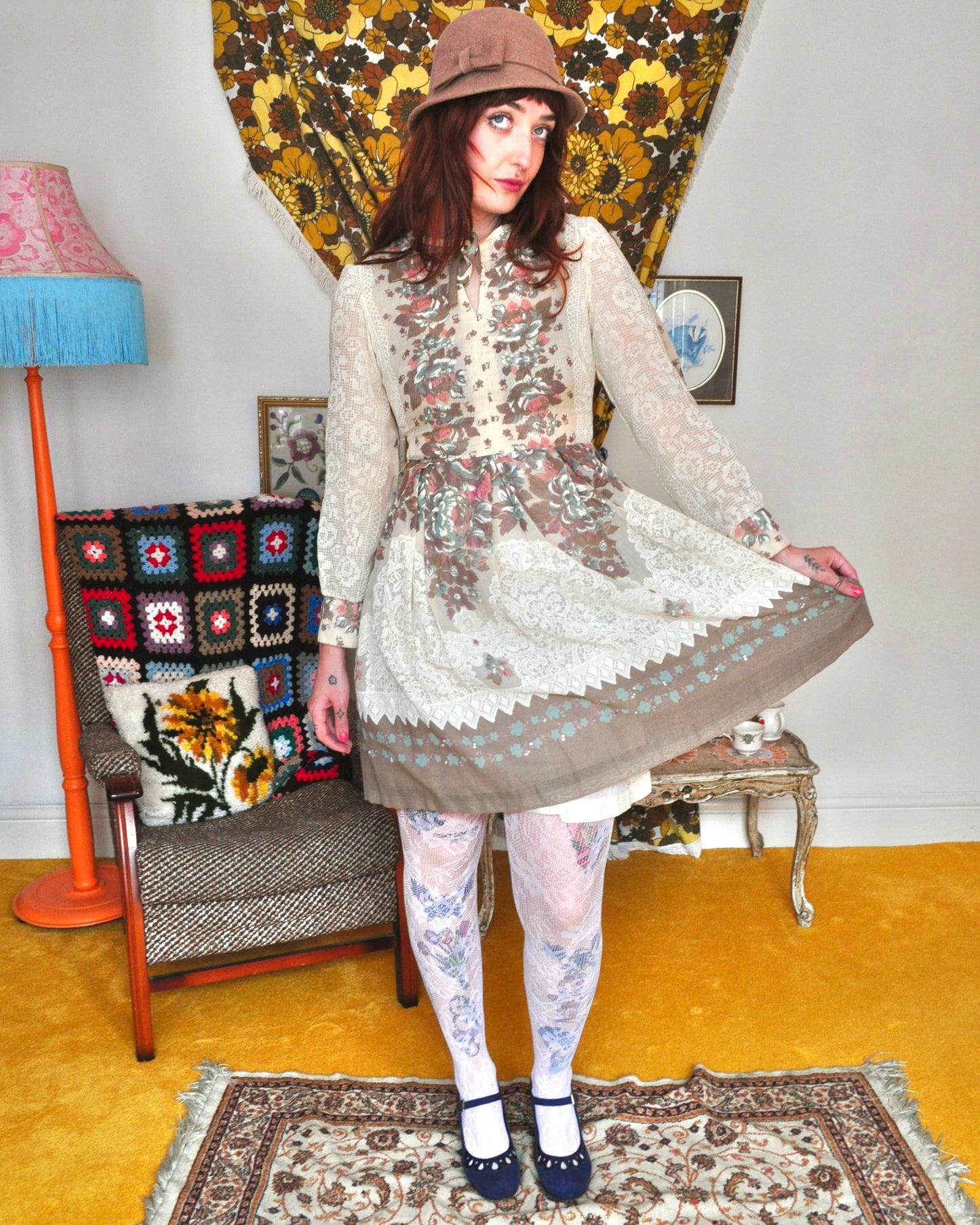 Vintage 70s Cream Floral Mini Dress