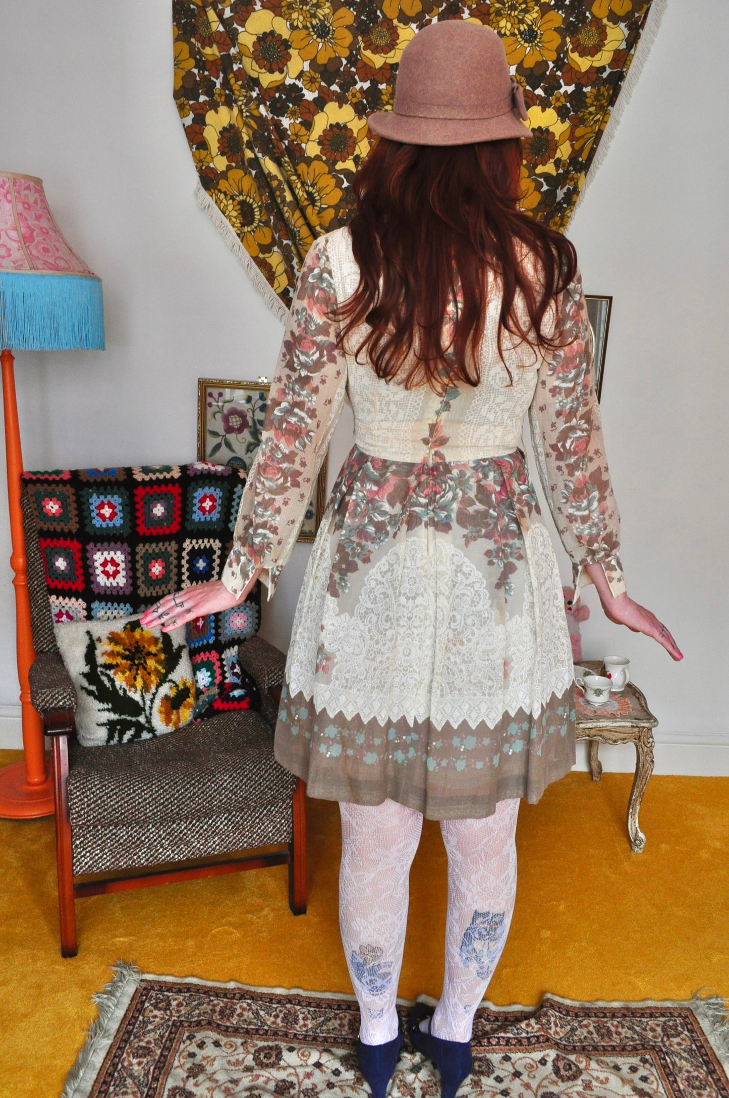 Vintage 70s Cream Floral Mini Dress