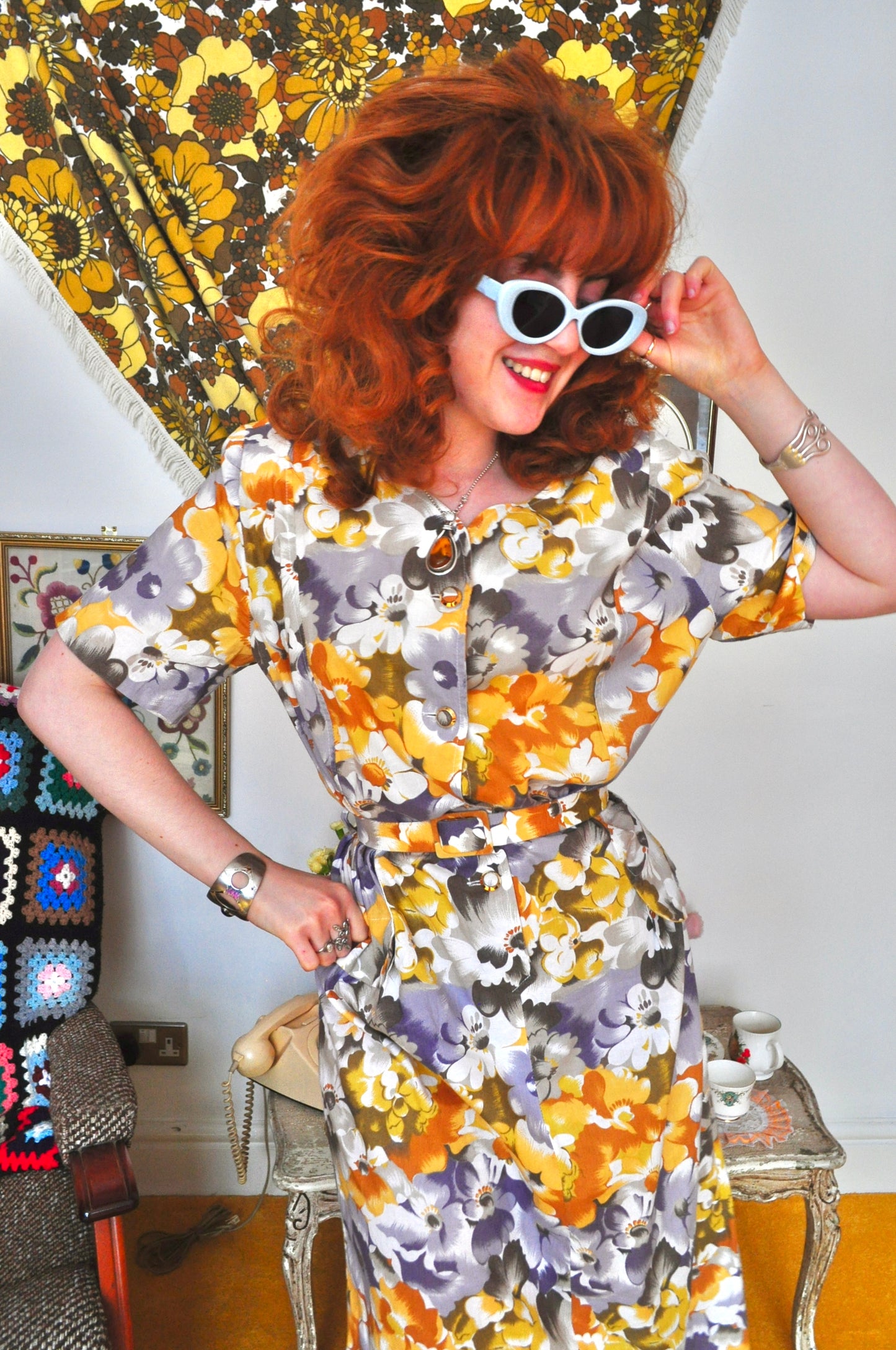 Vintage 80s Yellow Pastel Floral Tea Dress