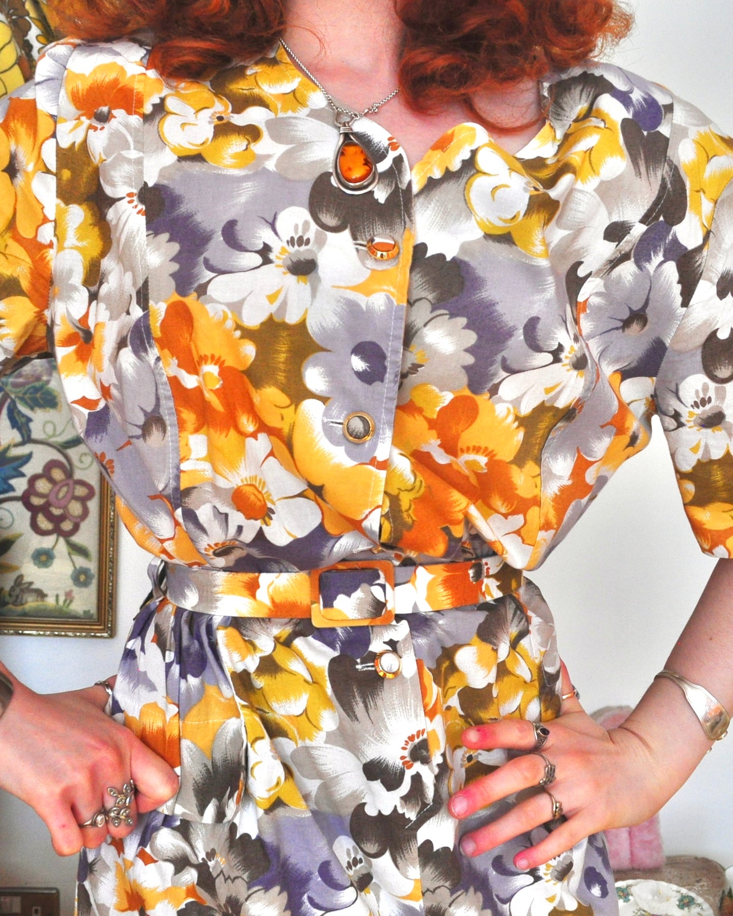 Vintage 80s Yellow Pastel Floral Tea Dress