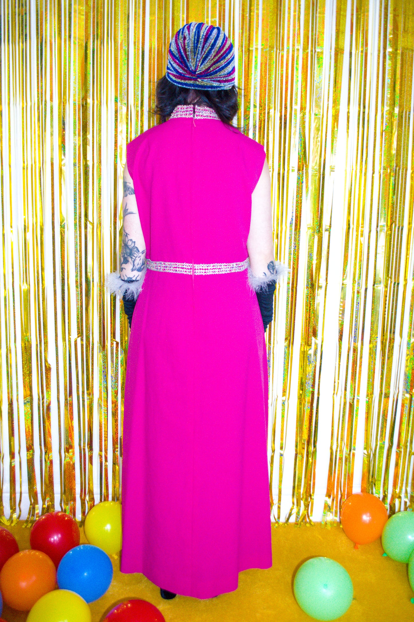 Vintage 60s 70s Pink and Gold Sleeveless Maxi Dress