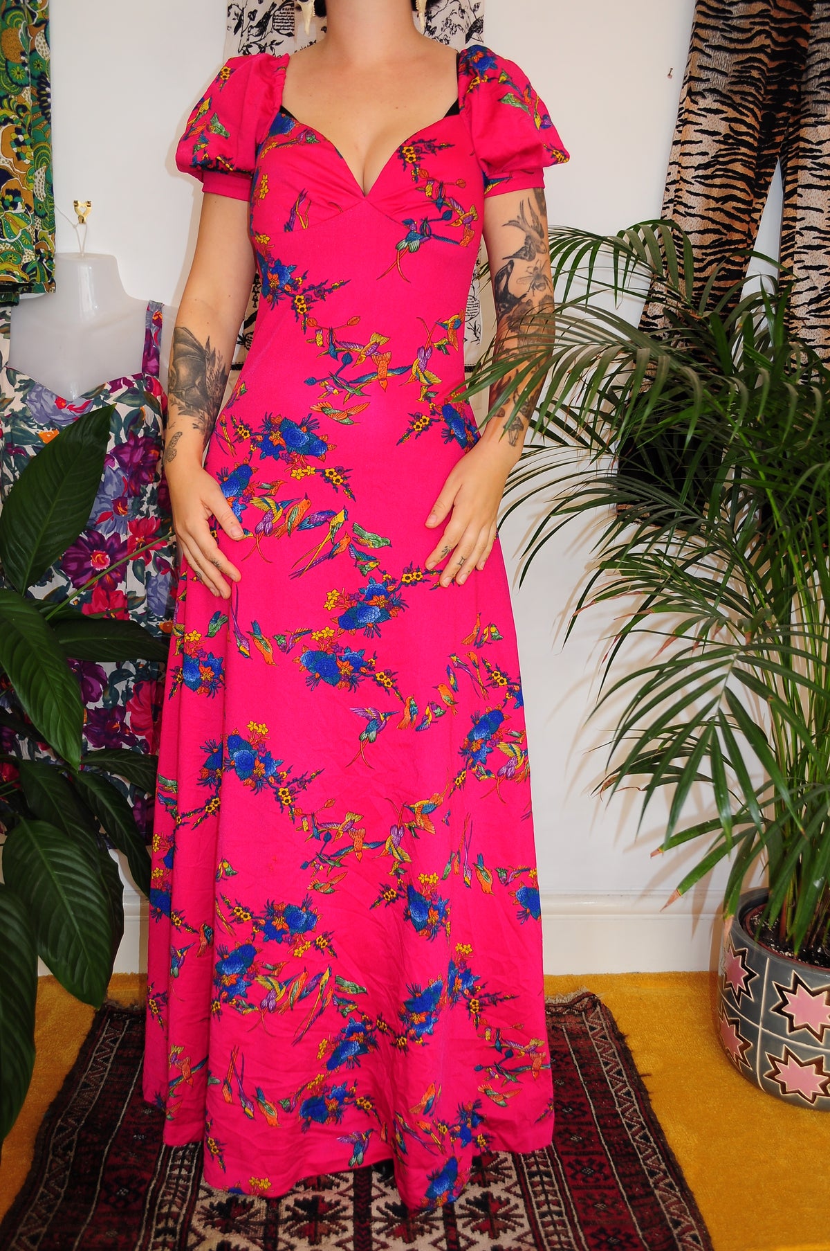 Vintage 70s Pink Bird Print Maxi Dress