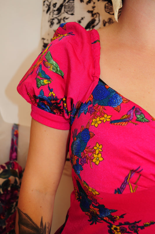 Vintage 70s Pink Bird Print Maxi Dress