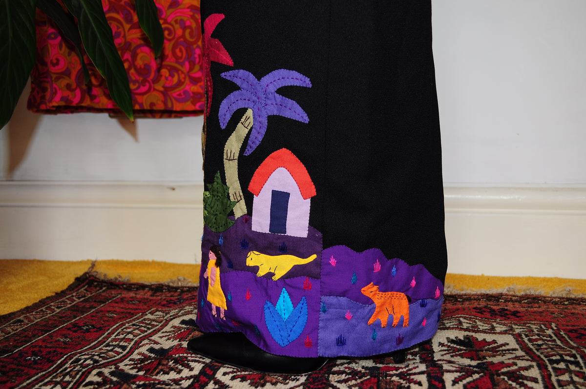 Vintage 70s Black Applique Maxi Skirt