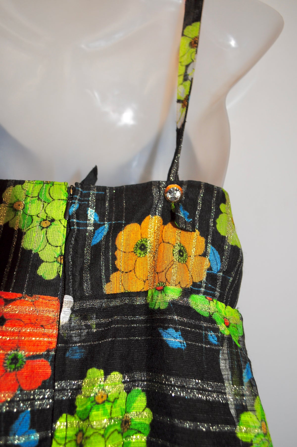 Vintage 70s Black and Green Floral Strappy Maxi Dress