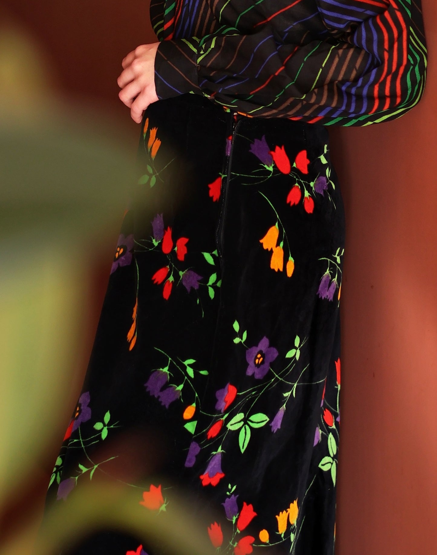 Vintage 70s Black Floral Velvet Maxi Skirt