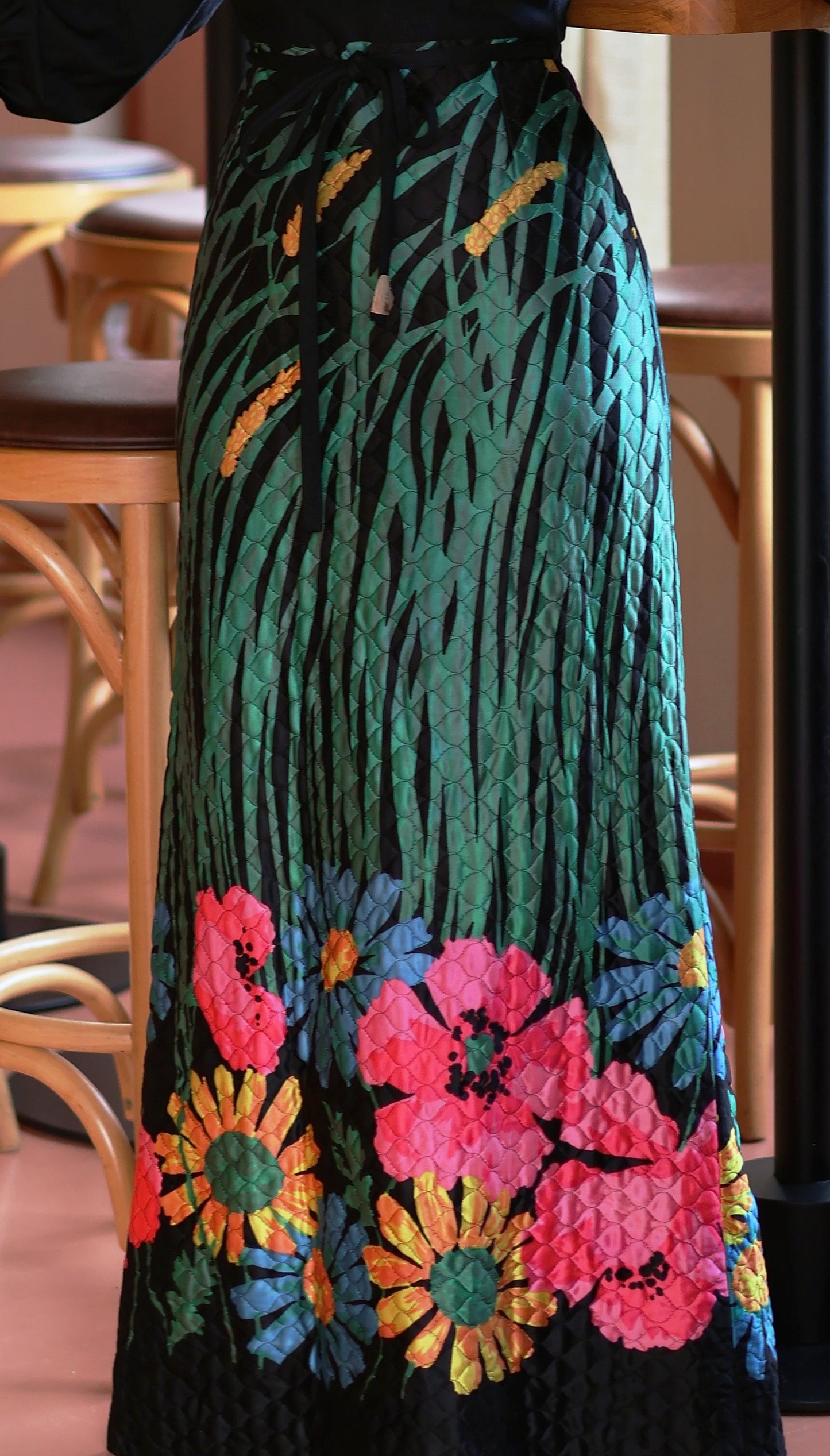 Vintage 70s Black Quilted Floral Maxi Dress