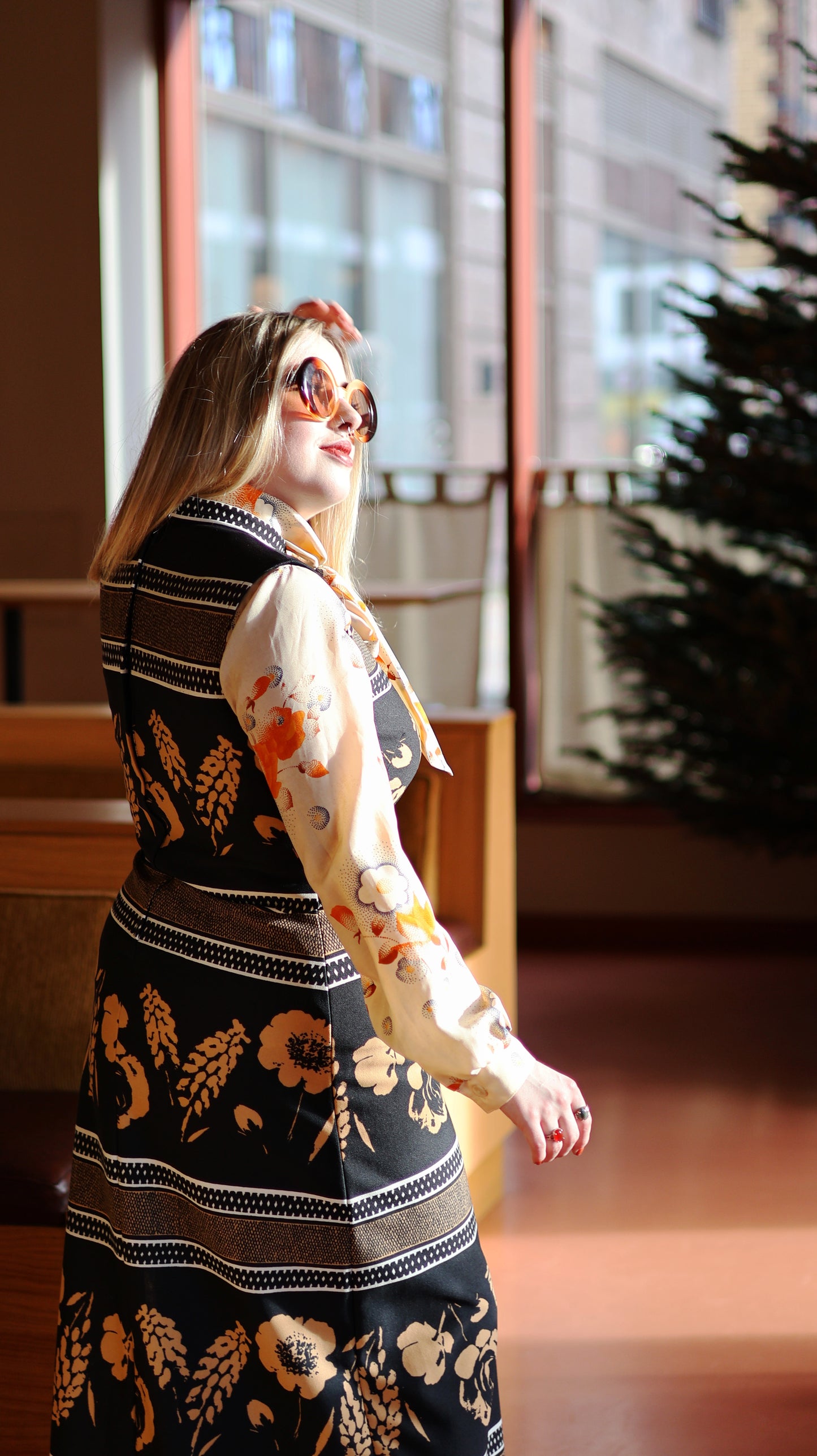 Vintage 70s Black and Beige Floral Maxi Dress