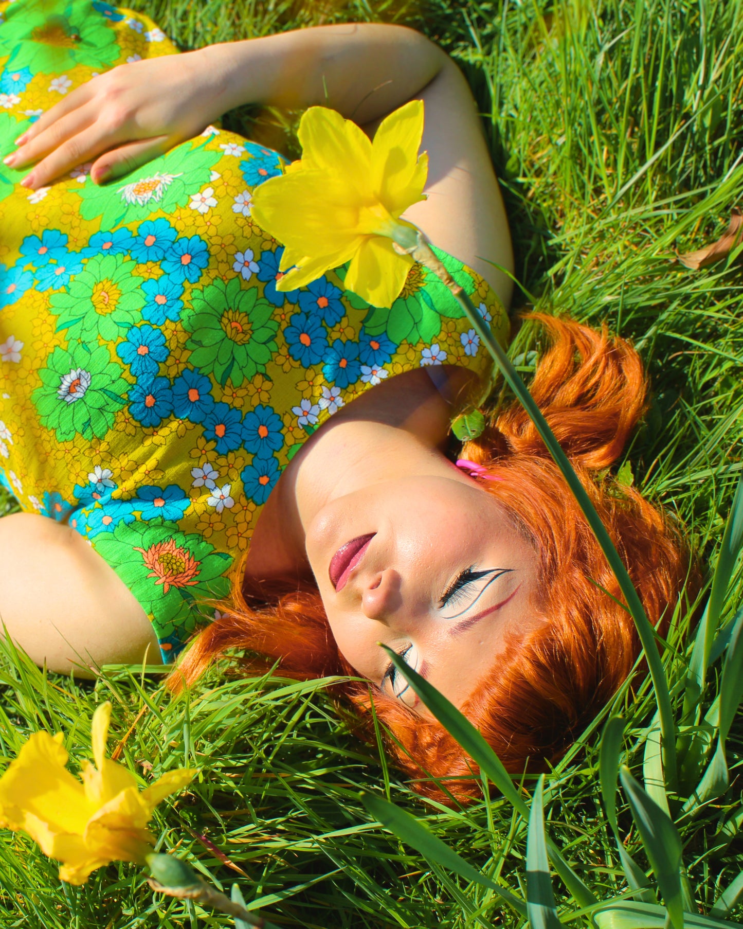 Vintage 60s Yellow Day Glo Floral Mini Dress