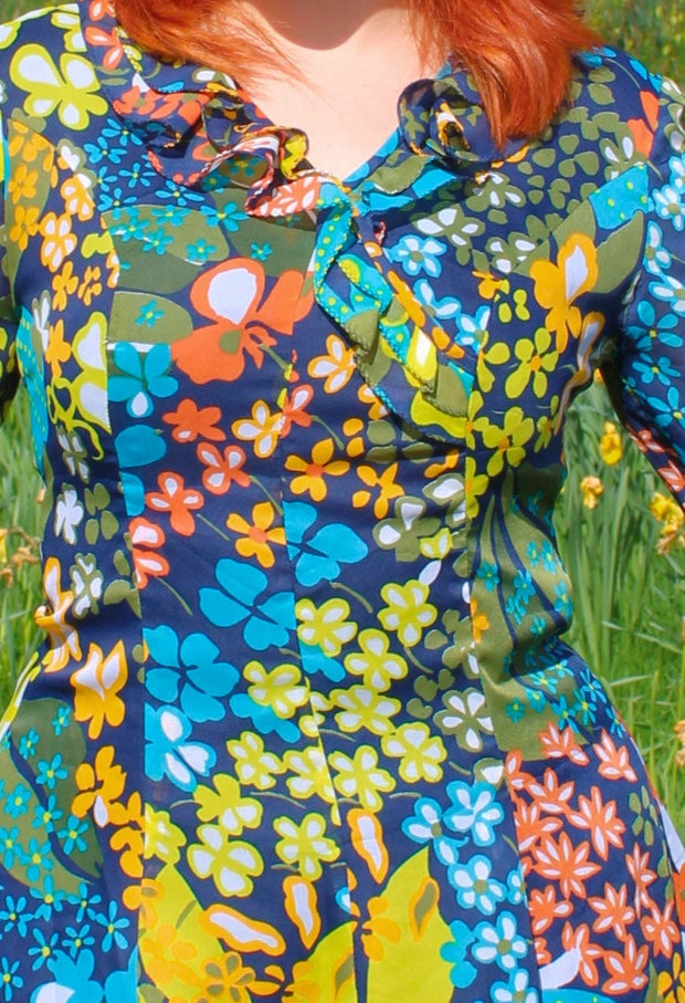 Vintage 70s Blue Floral Long Sleeve Frill Dress