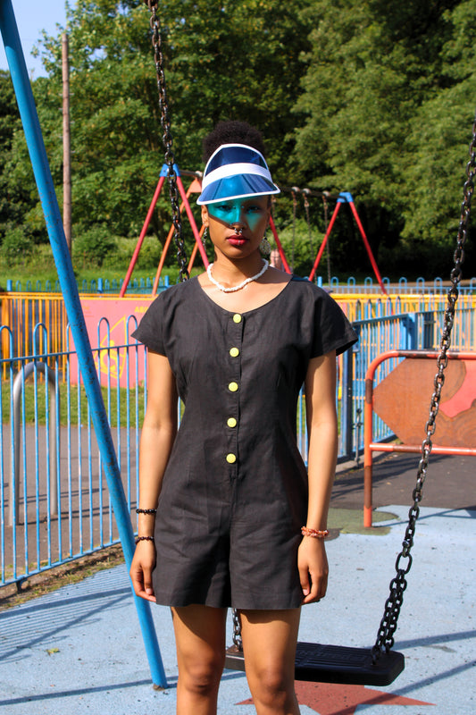 Vintage 80s Black Linen Playsuit