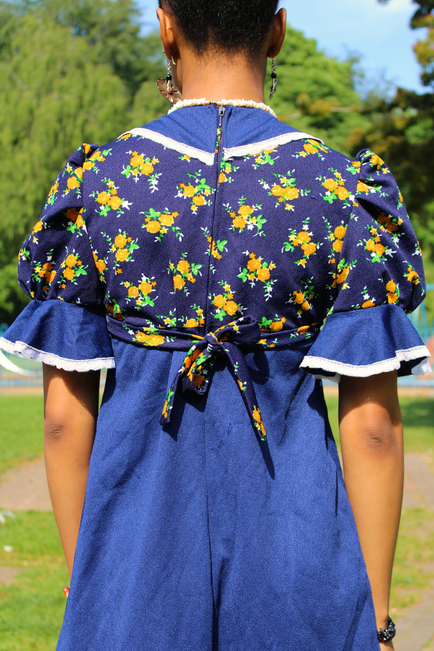 Vintage 70s Navy Blue Floral Frill Mini Dress