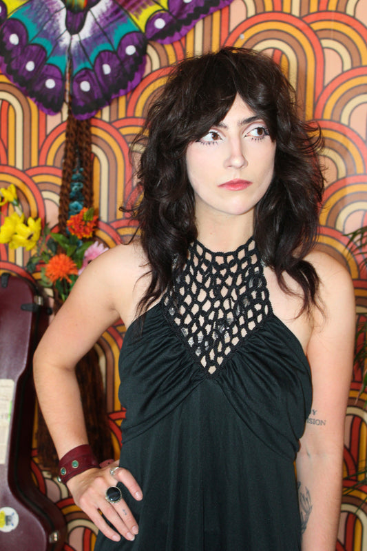 Vintage 70s Black Crochet Halter Maxi Dress