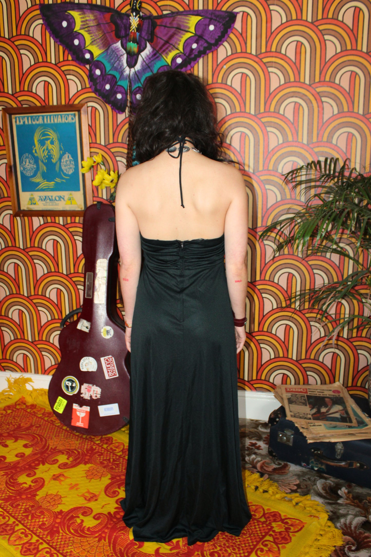 Vintage 70s Black Crochet Halter Maxi Dress