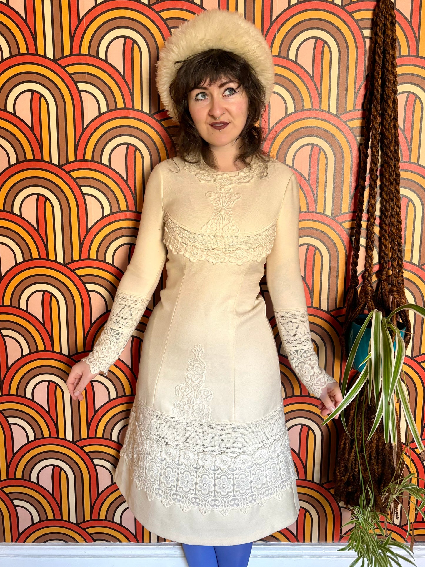 Vintage 60s Cream Wool Lace Dress