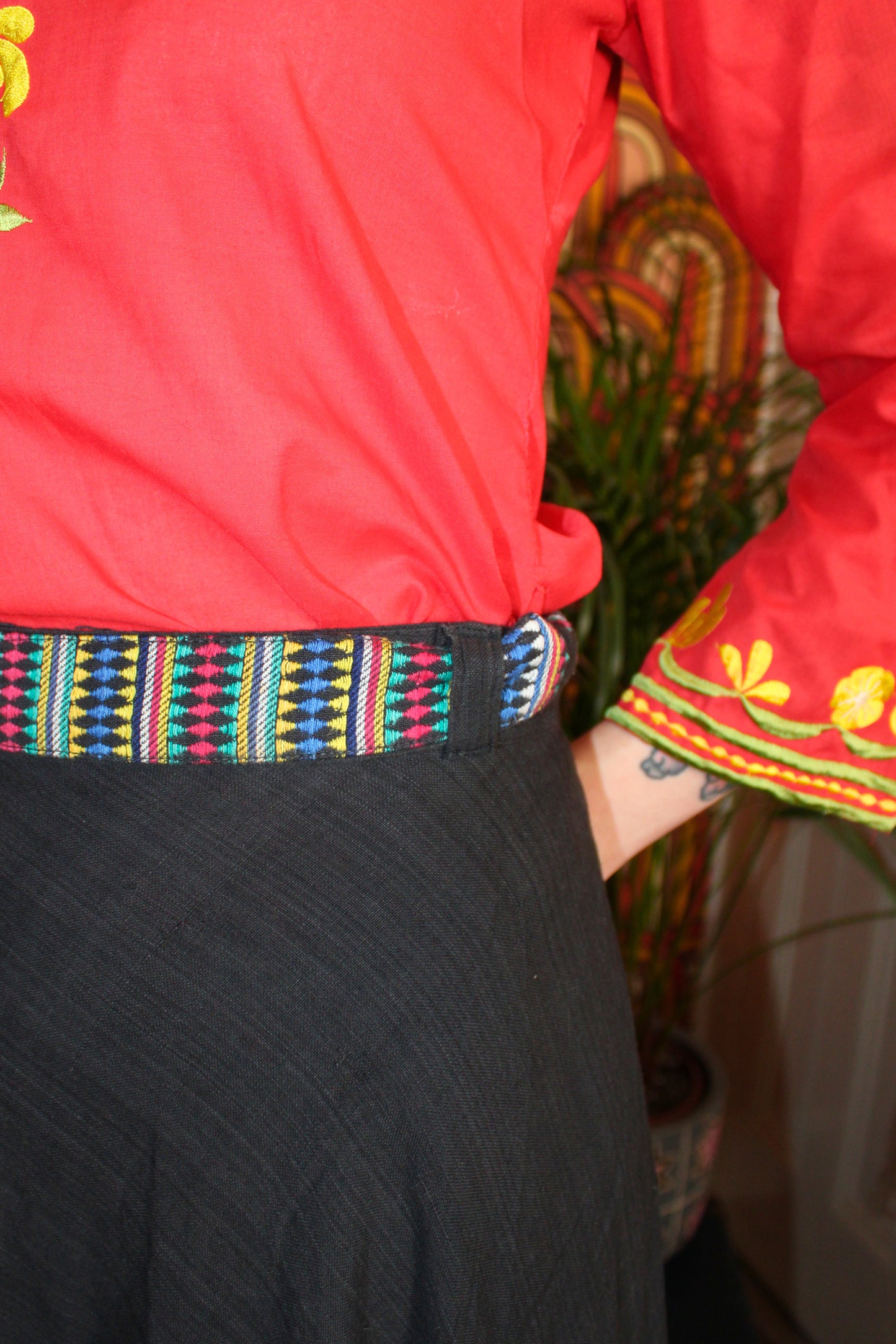 Vintage 70s Black Embroidered Wrap Maxi Skirt