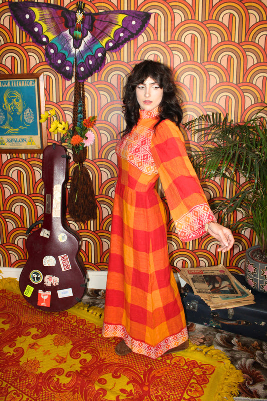 Vintage 70s Rare Orange Woven Embroidered Maxi Dress