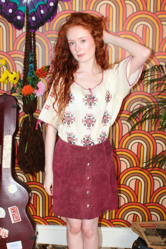 Vintage 70s Maroon Brown Suede Mini Skirt