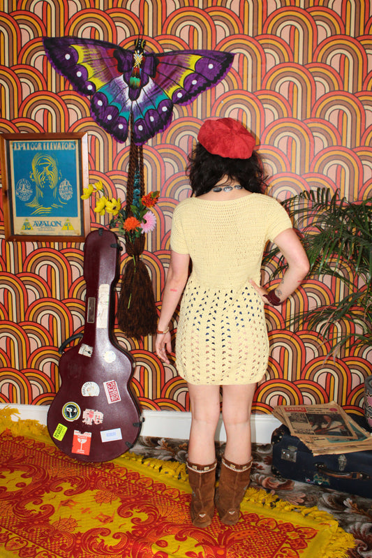 Vintage 70s Butter Yellow Crochet Dress