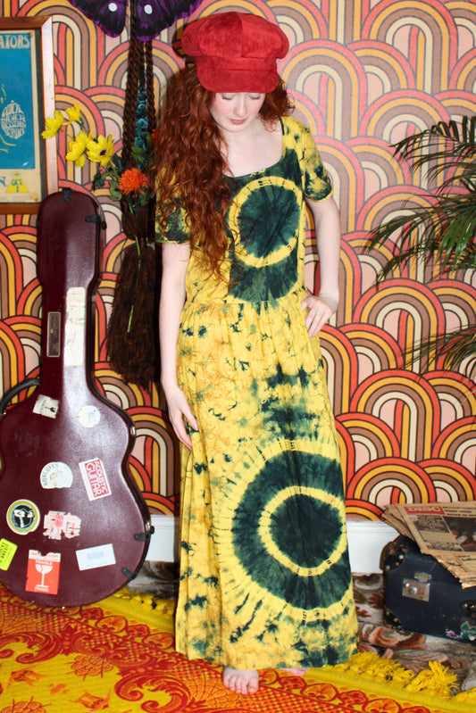Vintage 70s Green and Yellow Tie Dye Maxi Dress