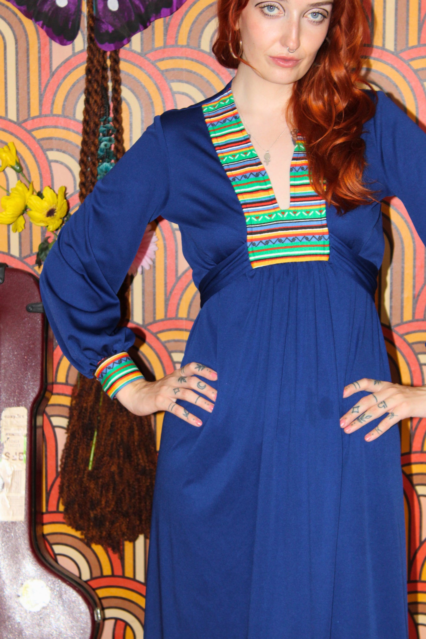 Vintage 70s Blue Colourful Maxi Dress