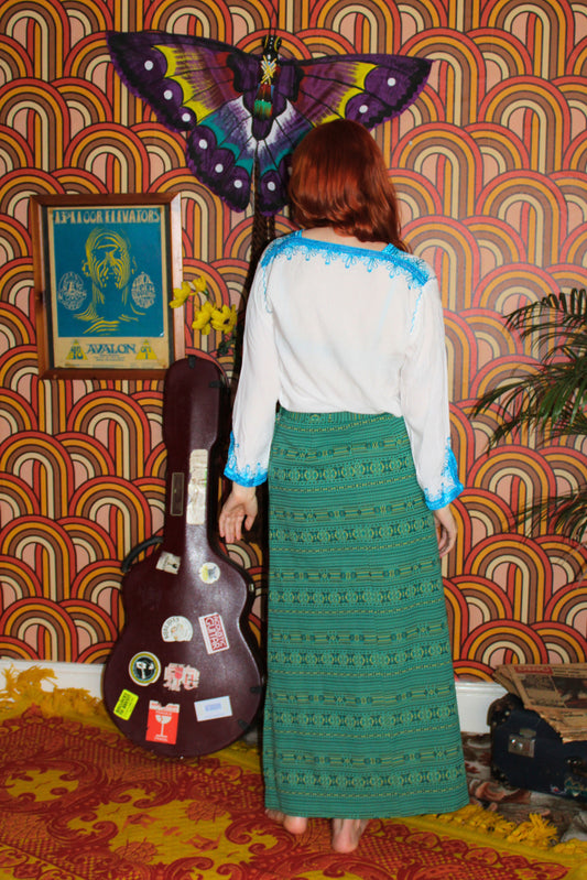 Vintage 70s Turquoise Brocade Maxi Skirt