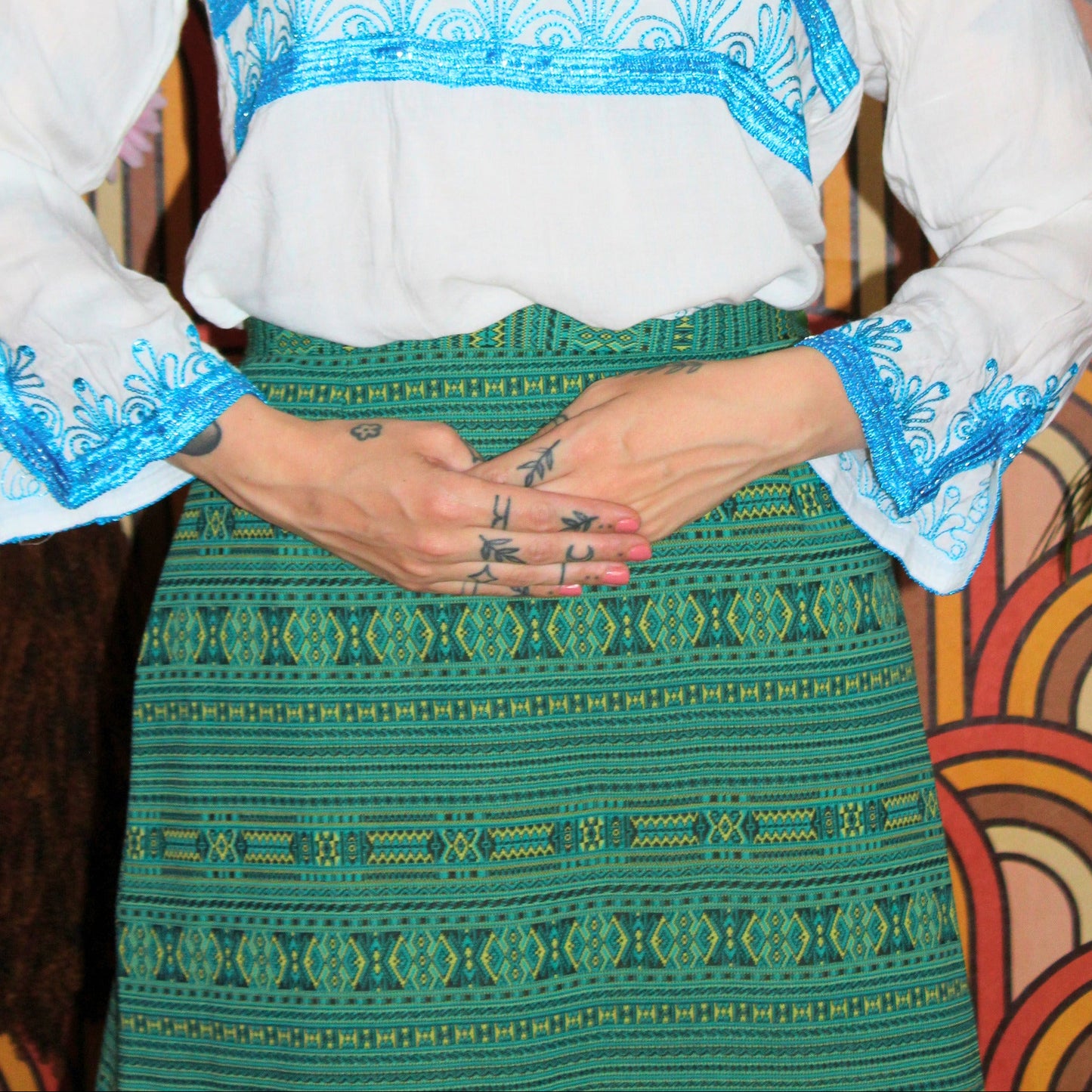 Vintage 70s Turquoise Brocade Maxi Skirt