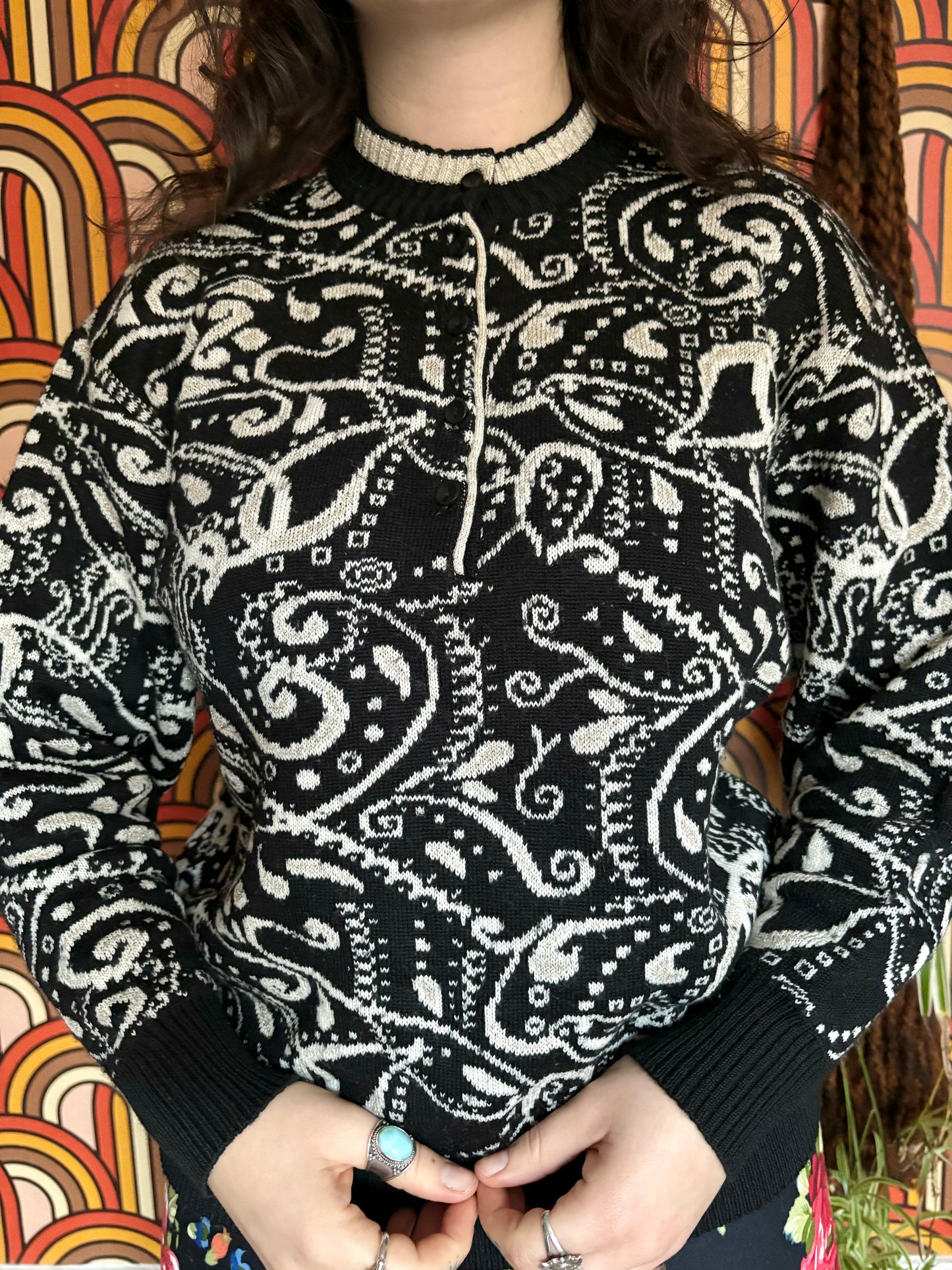 Vintage 80s Black and White Paisley Jumper