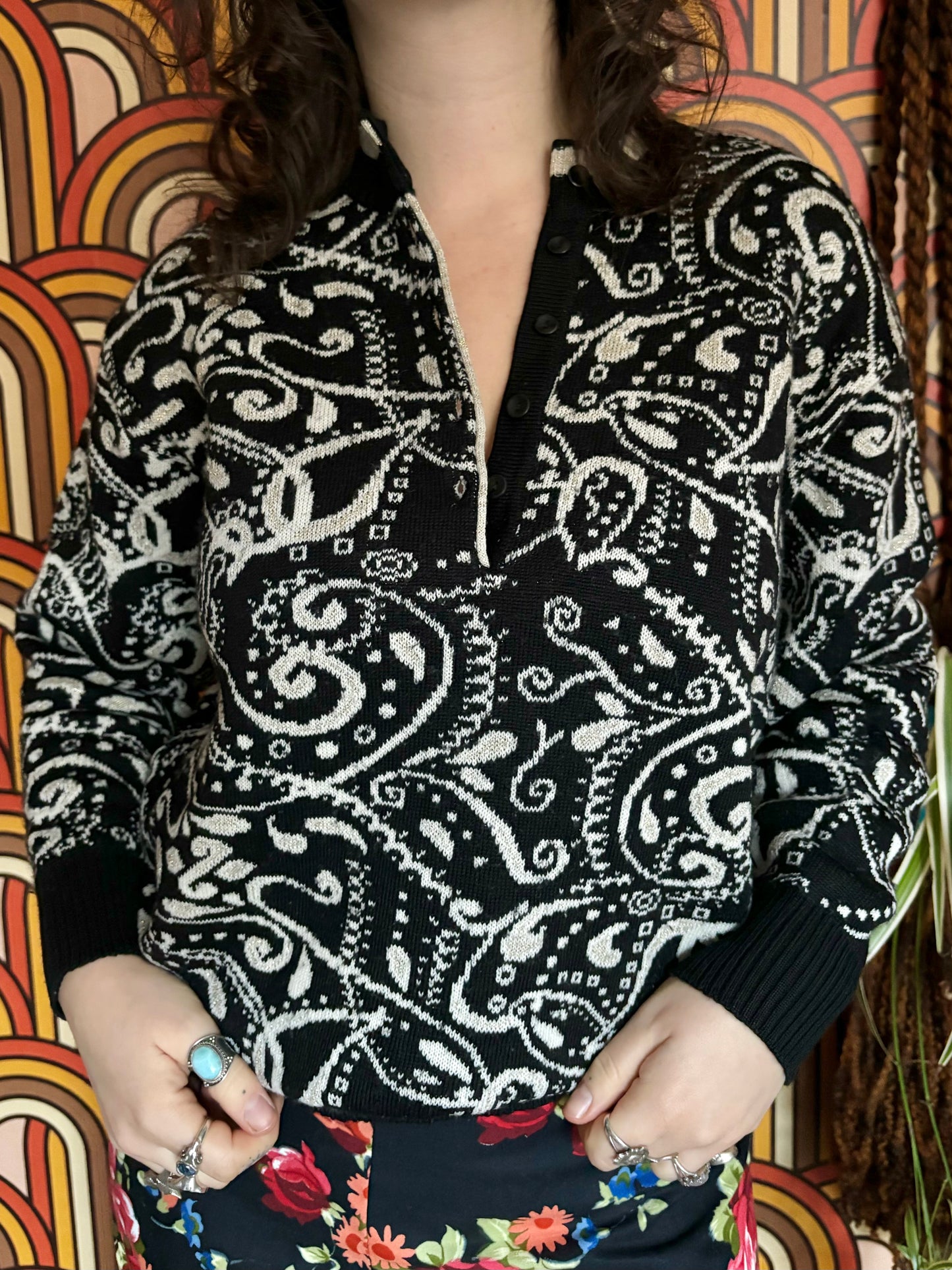 Vintage 80s Black and White Paisley Jumper