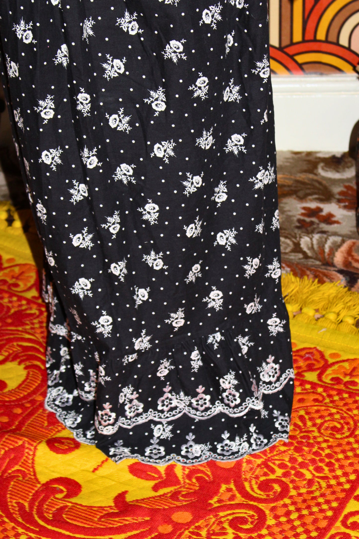 Vintage 70s Black and White Floral Maxi Skirt