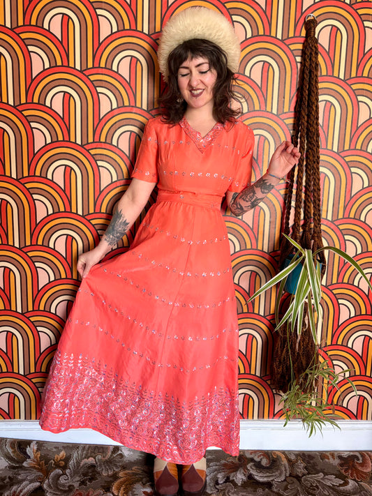 Vintage 70s Coral Embroidered Maxi Dress