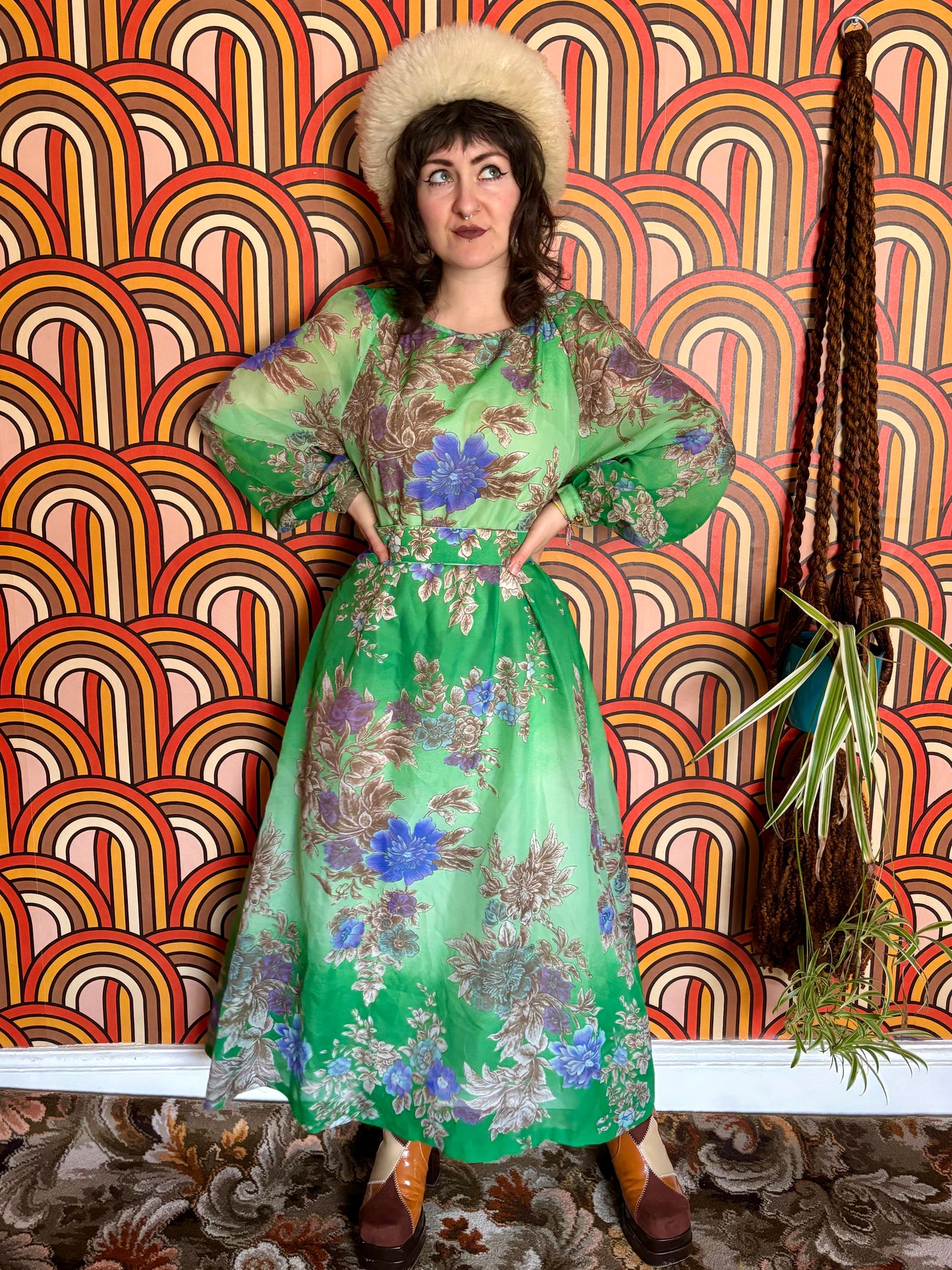 Vintage 70s Green Floral Maxi Dress