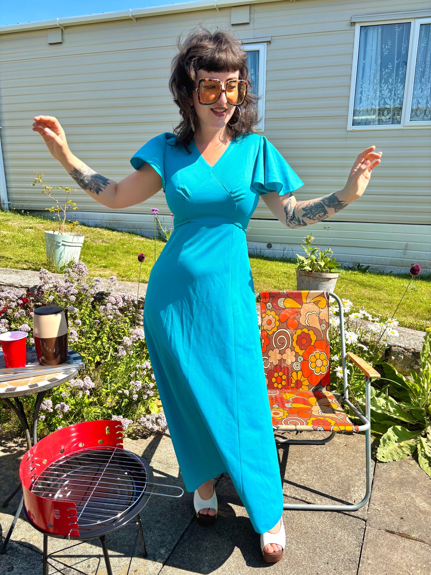 Vintage 70s Blue Angel Sleeve Maxi Dress