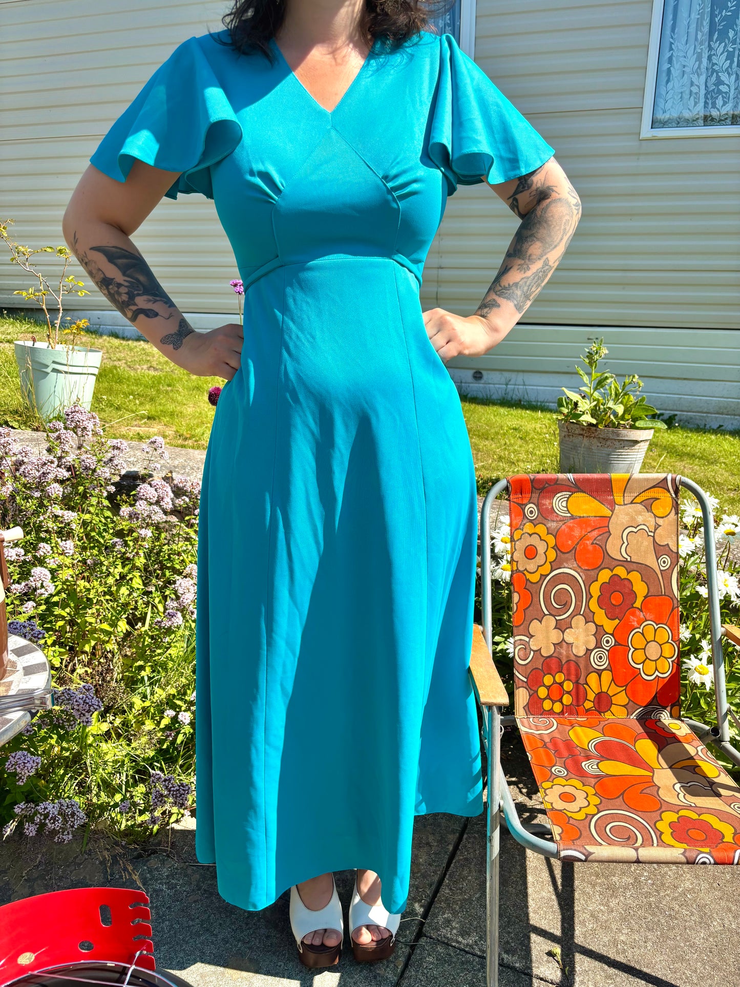 Vintage 70s Blue Angel Sleeve Maxi Dress