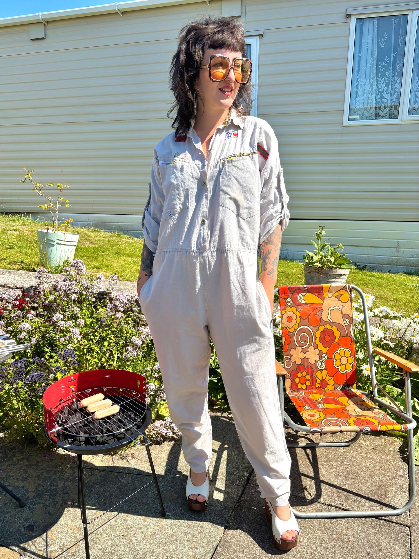 Vintage 70s 80s Grey Patched Jumpsuit