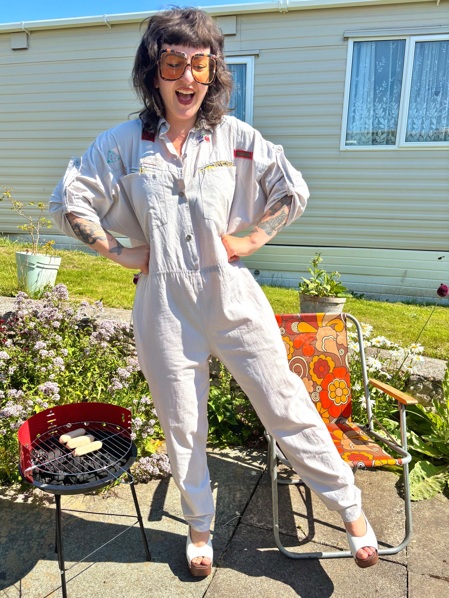 Vintage 70s 80s Grey Patched Jumpsuit