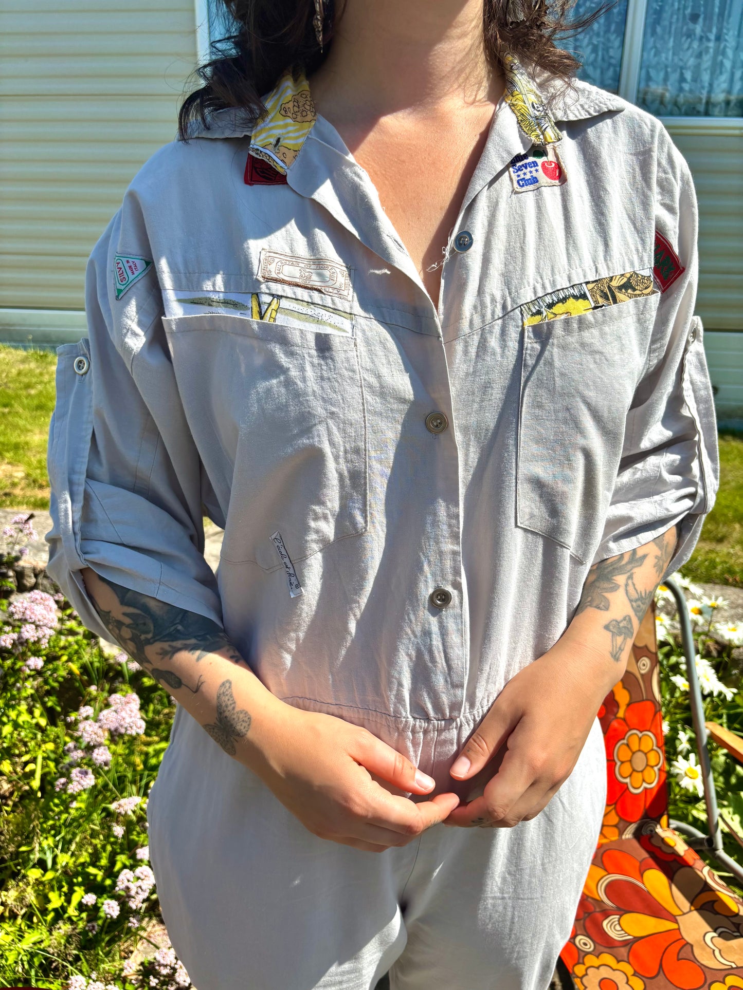 Vintage 70s 80s Grey Patched Jumpsuit