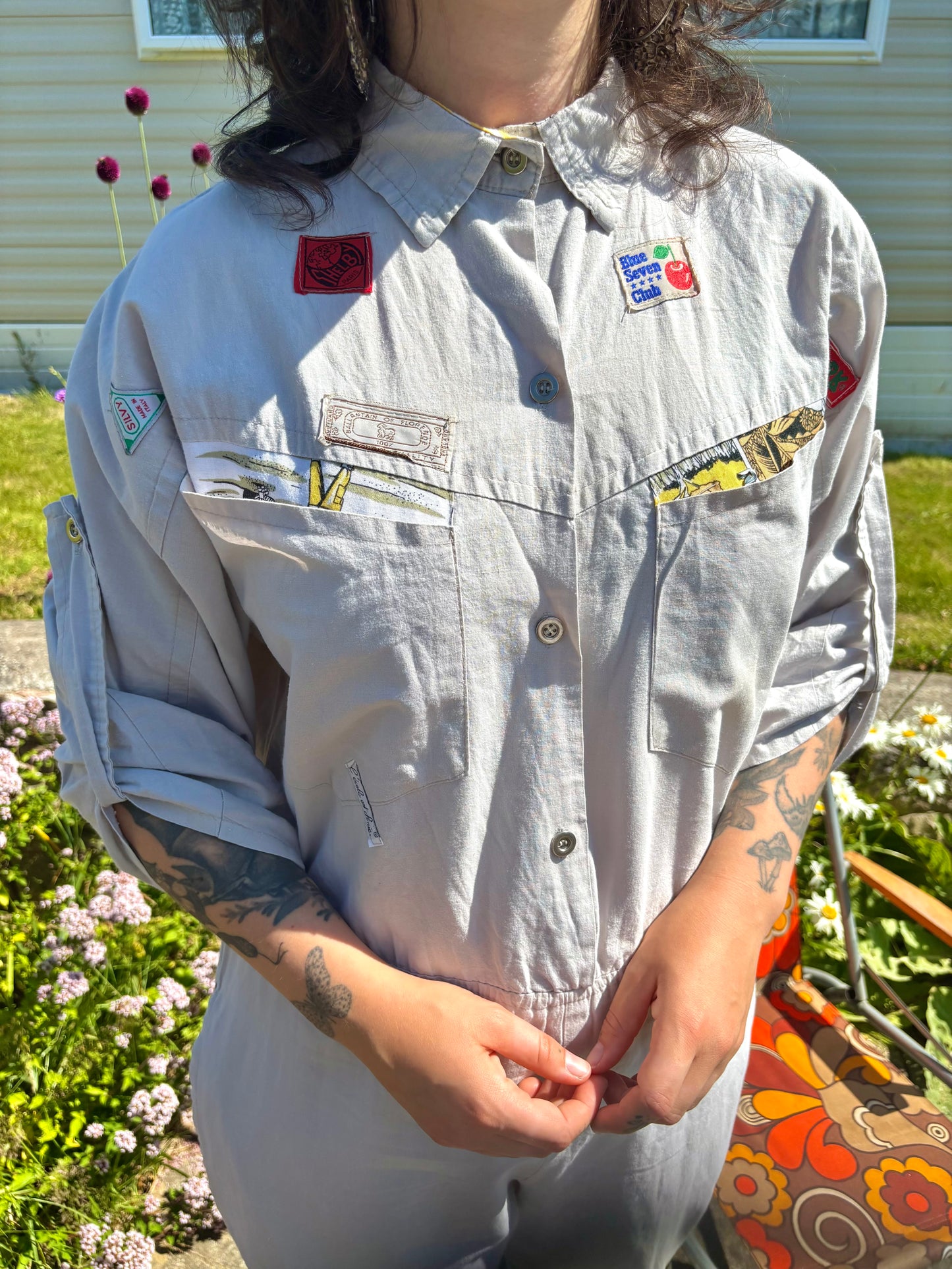 Vintage 70s 80s Grey Patched Jumpsuit