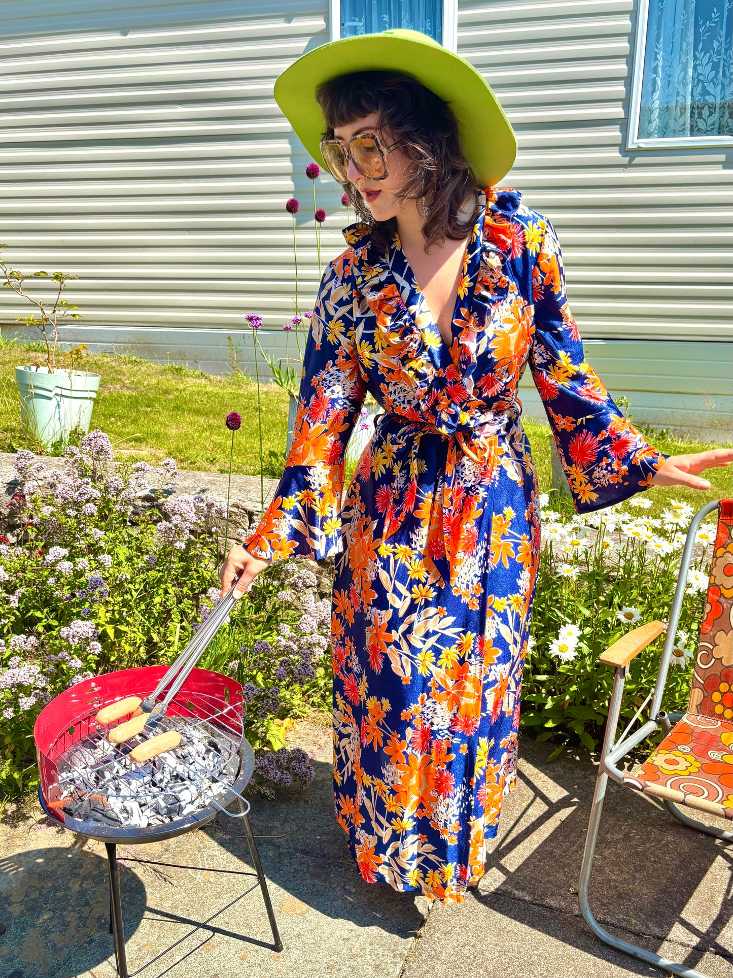 Vintage 70s Blue and Orange Floral Maxi Dress House Coat