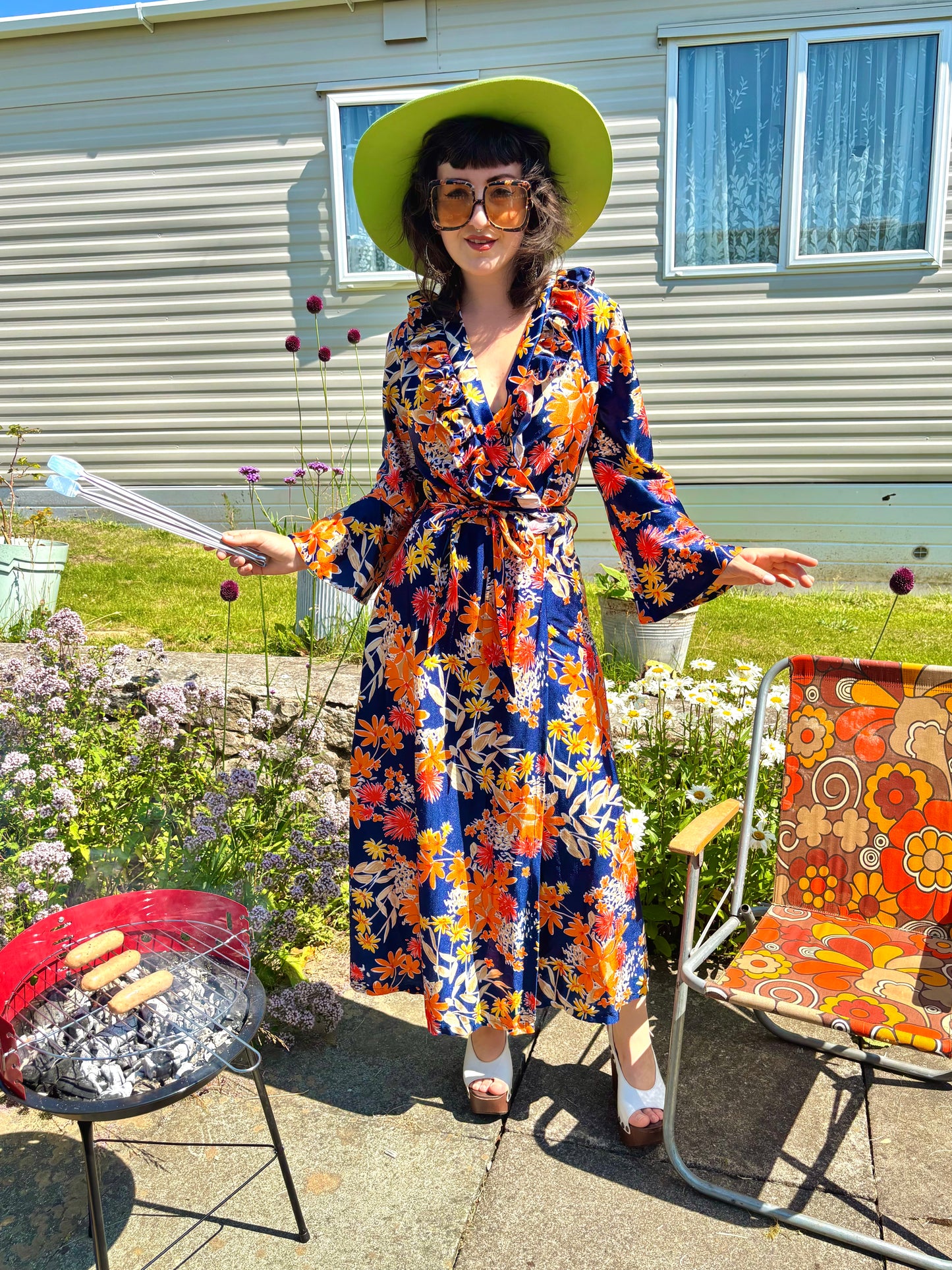 Vintage 70s Blue and Orange Floral Maxi Dress House Coat