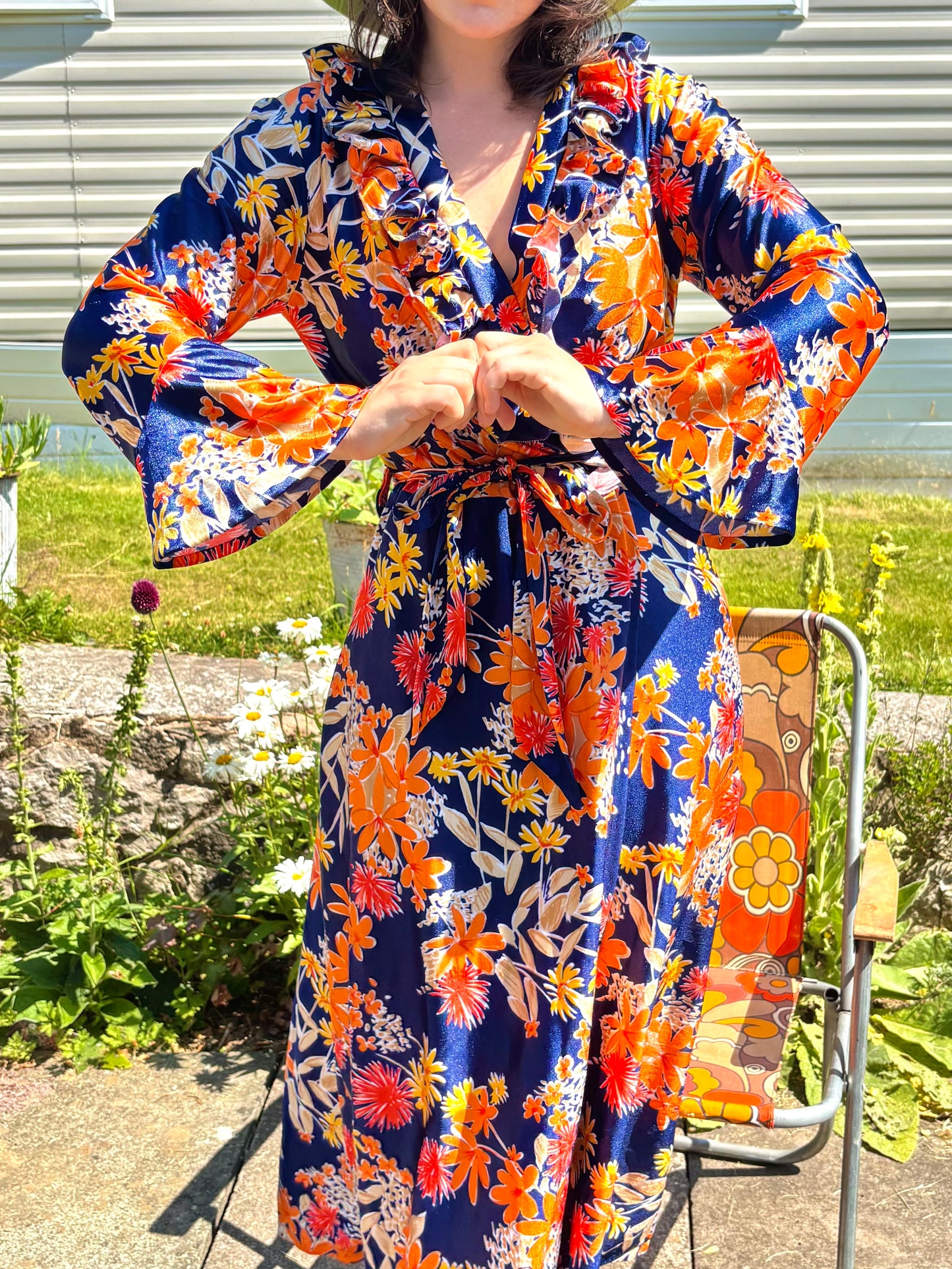 Vintage 70s Blue and Orange Floral Maxi Dress House Coat