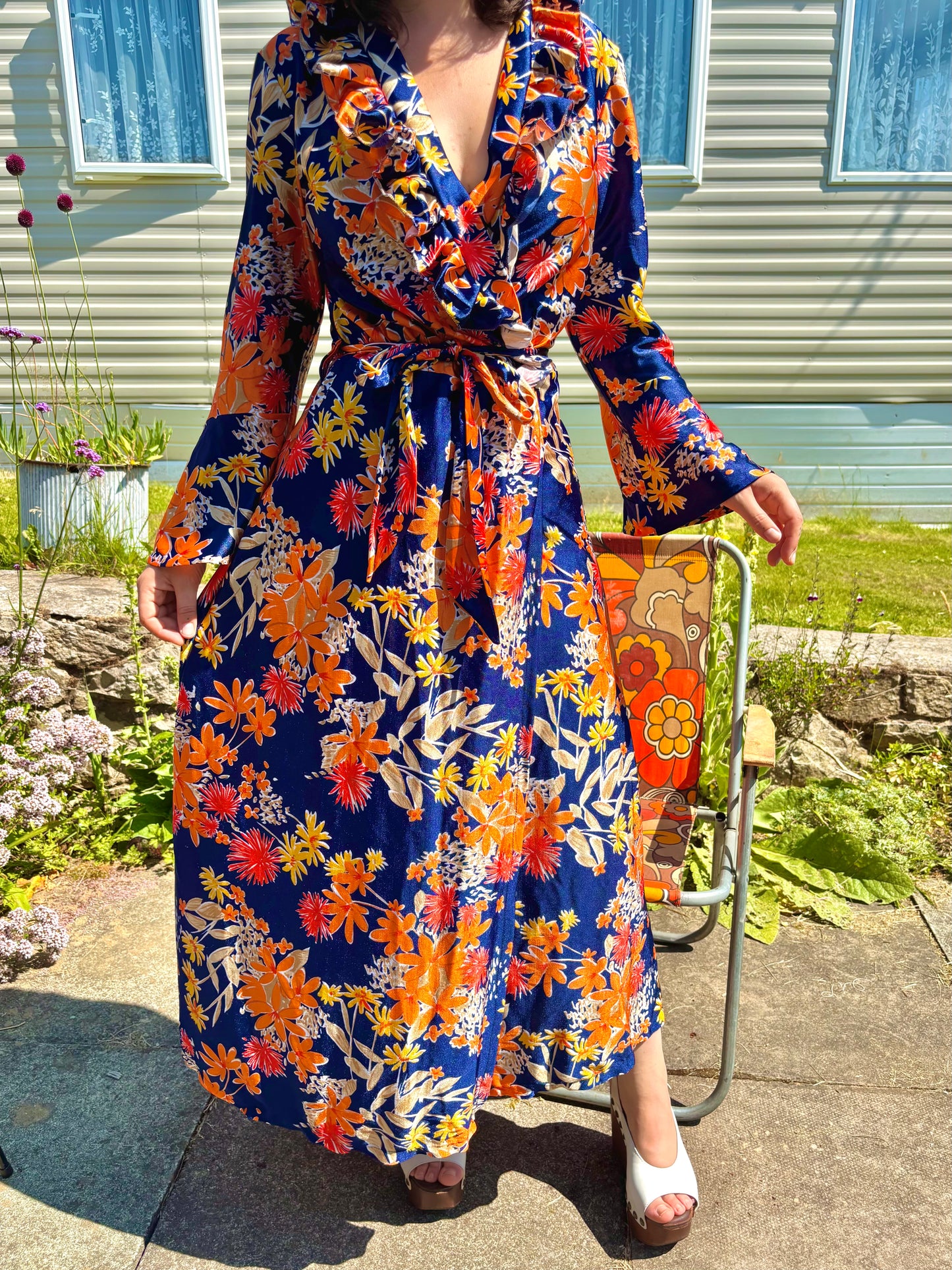 Vintage 70s Blue and Orange Floral Maxi Dress House Coat