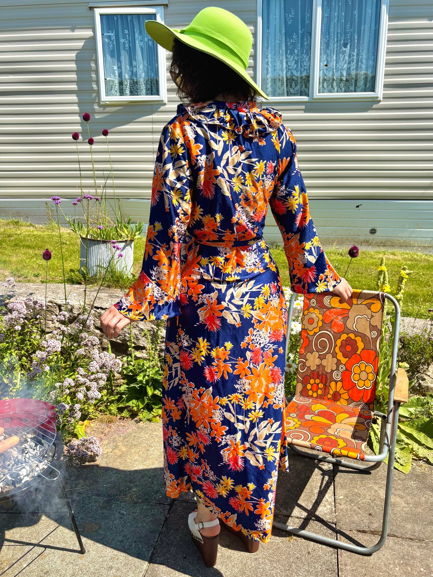 Vintage 70s Blue and Orange Floral Maxi Dress House Coat
