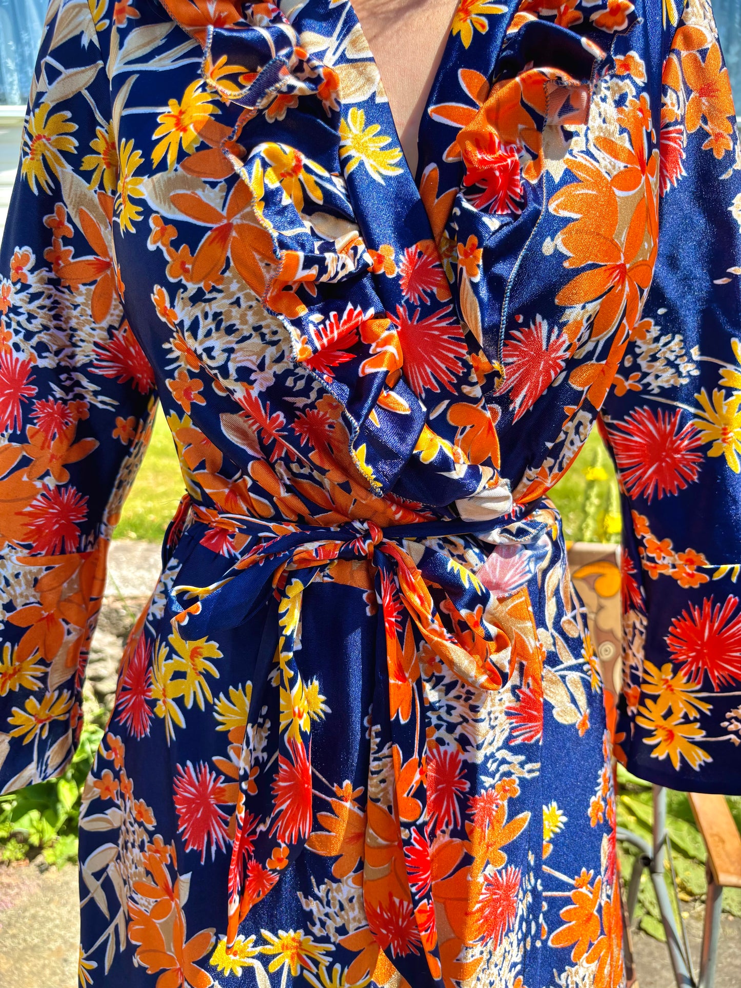 Vintage 70s Blue and Orange Floral Maxi Dress House Coat