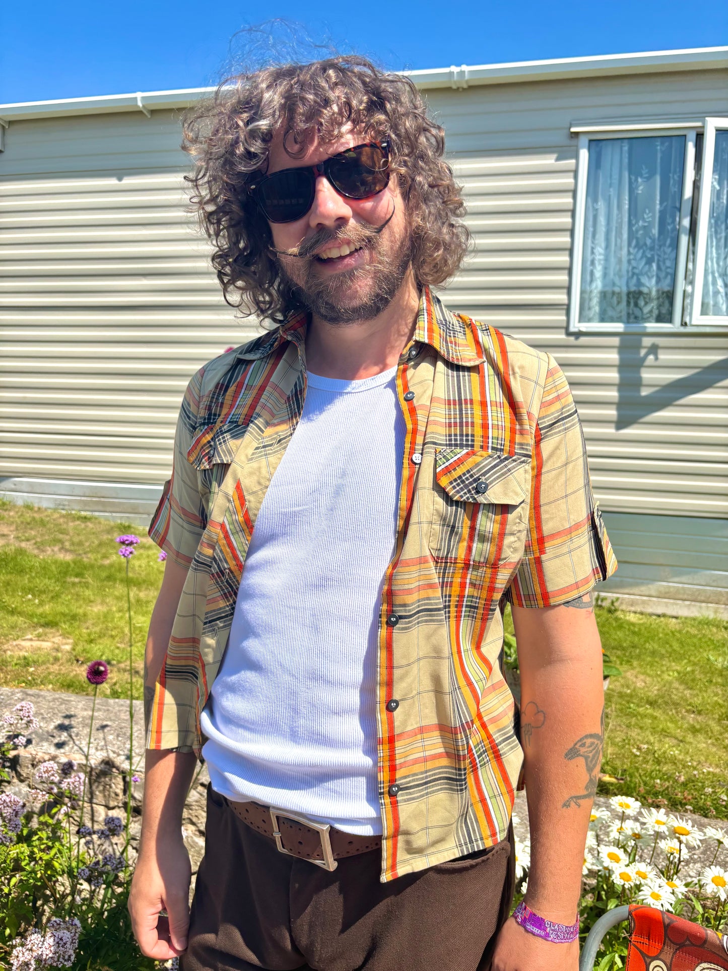 Vintage 70s Beige Check Short Sleeve Shirt