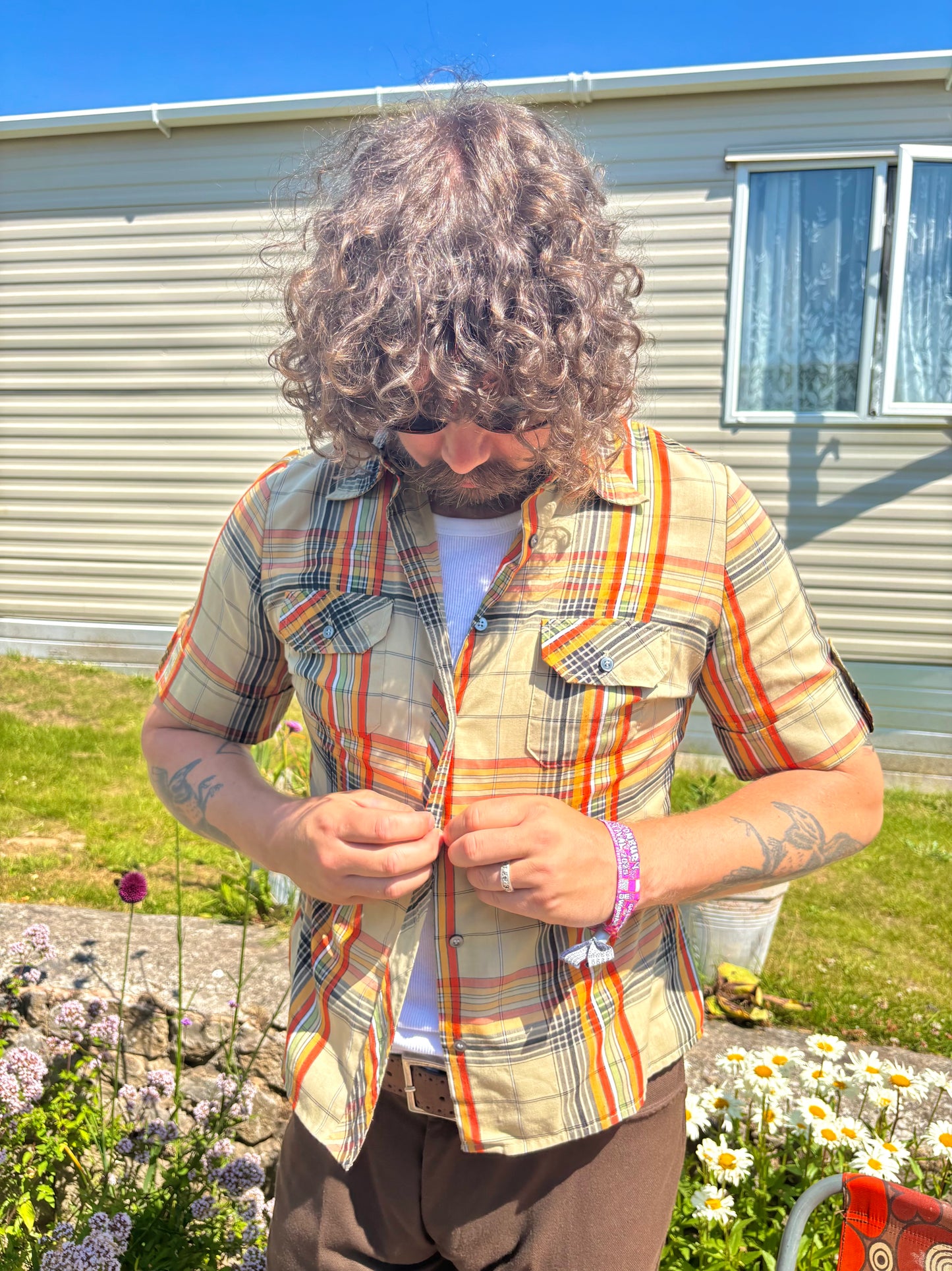 Vintage 70s Beige Check Short Sleeve Shirt