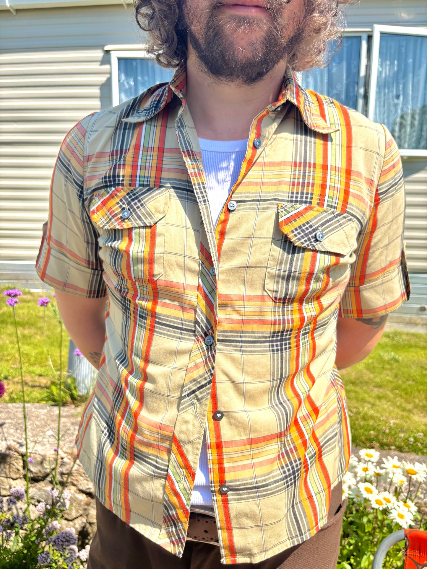 Vintage 70s Beige Check Short Sleeve Shirt